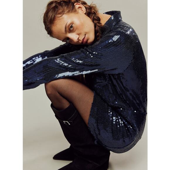 Free People NWT Midnight Navy Sophie Sequin Button Collared A-Line Mini Dress XS - Picture 2 of 9